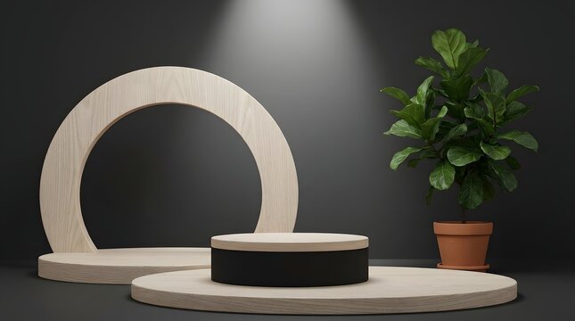 Minimalist product display with wooden podium and fiddle leaf fig plant