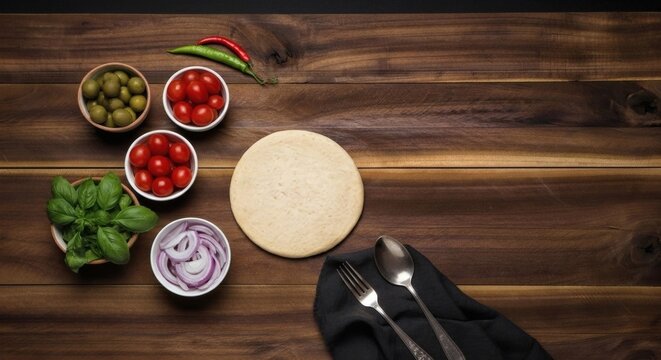 Delicious pizza making ingredients arranged on a rich wooden surface ready for home cooking preparation and a healthy meal creation with fresh vegetables herbs and dough