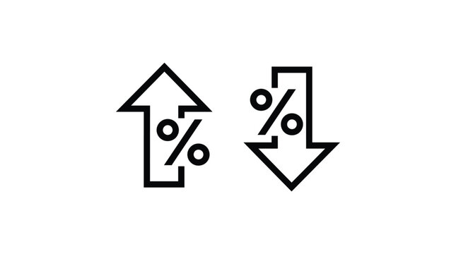 Two simple black line icons showing percentage increase and decrease arrows on a white background