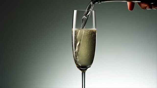 Sparkling Wine Being Poured Into a Flute Glass with Slow Motion Effect Featuring Pouring, Liquid, Bubbles with Champagne and Drink Elements
