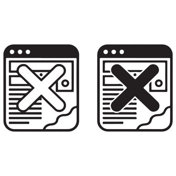 Black and white outline icons of web browser windows with x marks on them for error or rejection  used for web design and user interface elements