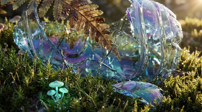 Plastic shards embedded in moss under forest light, showing decay and life.