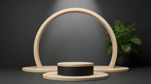 Minimalist wooden product display stand with tropical plant backdrop