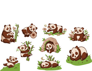 Fototapeta premium Set of cute panda bear characters in various activities and poses including eating bamboo, sleeping, playing, and resting in a cave illustration.