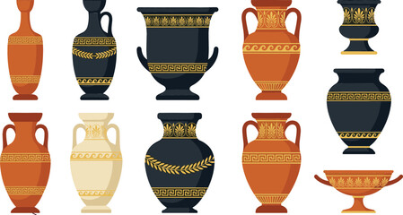 Classical Greek pottery collection with ancient terracotta and black amphora vases traditional gold ornaments historical museum artifact vector cartoon illustration © MdMehedi