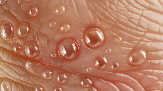 Clear water droplets shimmering on human skin texture in this macro motion video clip showing natural hydration and biological health