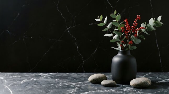 Eucalyptus and berries arrangement in black vase on marble surface