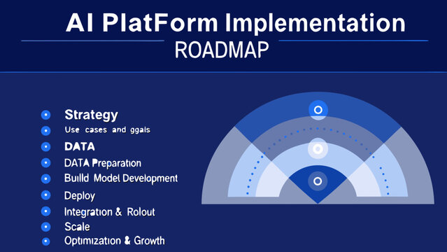 Circular progress indicator graphic with text labels depicting a staged ai platform implementation roadmap artificial intelligence diagram