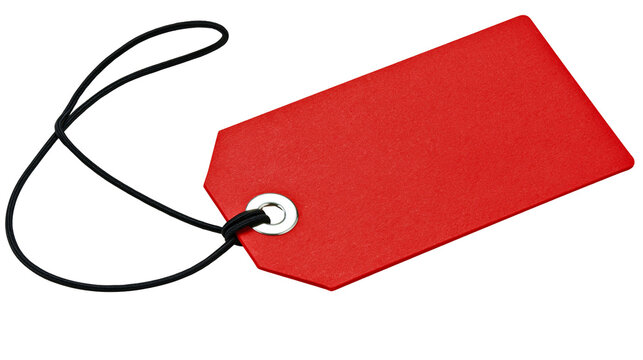 Red paper tag with black string and metal grommet, isolated on transparent background
