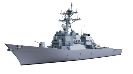 Modern grey warship with radar mast and gun, isolated on transparent background © Piotr
