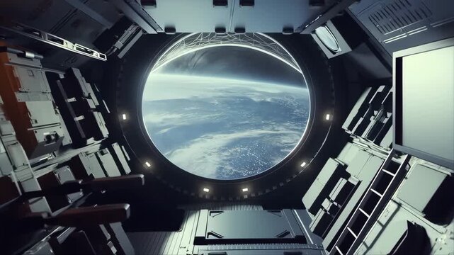 Space Station Observation Window Showing Earth From Orbit with Futuristic Interior Details and Metallic Framework