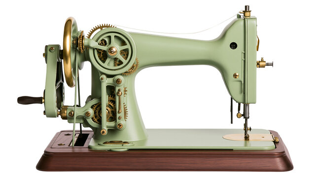 Vintage green sewing machine with brass gears and wooden base, isolated on transparent background