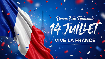 Bastille Day celebration background with French flag, Bonne Fête Nationale 14 Juillet typography, Vive la France greeting with festive confetti