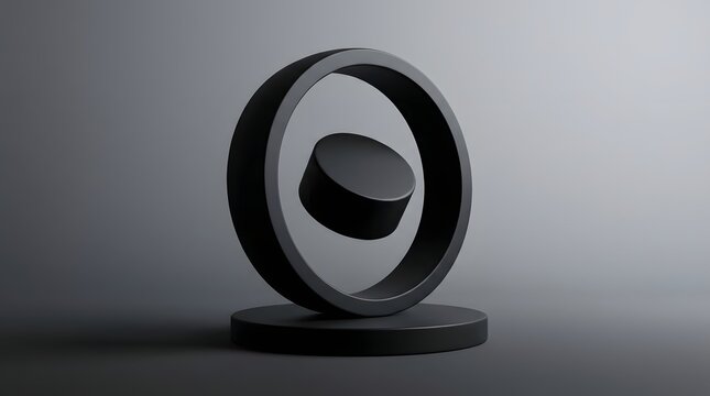 Minimalist black abstract sculpture with circular form and pedestal