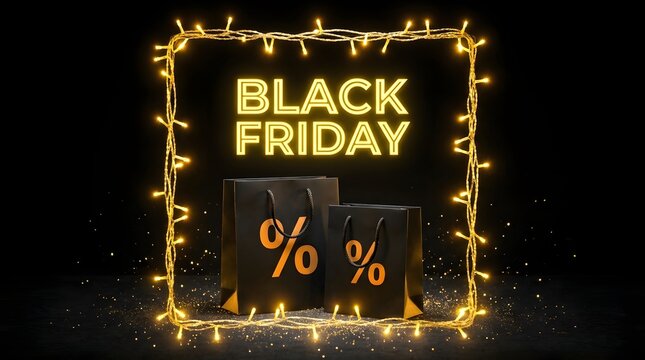 Black friday sale promotion with shopping bags and neon lights