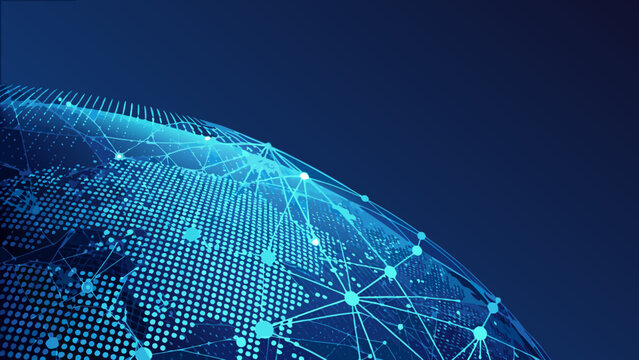 Dotted globe with connecting nodes and lines a digital vector illustration on a dark blue background world