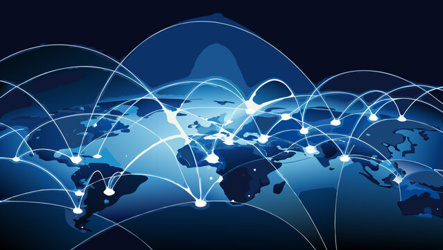 World map with connecting lines and glowing nodes illustrates a global network on a dark blue background
