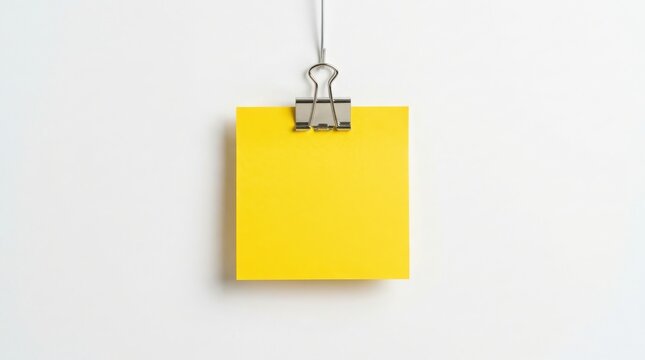 Hanging yellow sticky note with metal binder clip on white background minimalist flat lay