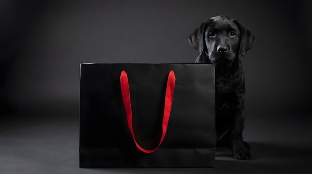 Black labrador puppy with shopping bag studio portrait