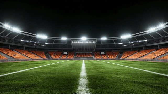Empty sports stadium with vibrant orange seating rows and bright glowing floodlights captured in this cinematic digital motion video clip