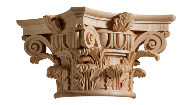 Ornate carved wooden Corinthian column capital with acanthus leaves, isolated on transparent background