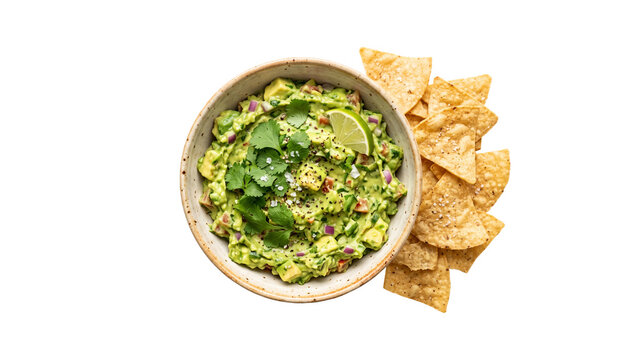 Green guacamole with tortilla chips and cilantro, isolated on transparent background