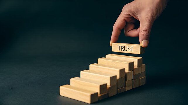 Trust building concept with wooden blocks arranged as staircase and hand placing trust block