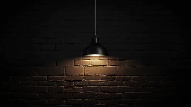 Modern hanging pendant lamp casting warm glow against dark rustic brick wall texture in this cinematic slow motion video animation