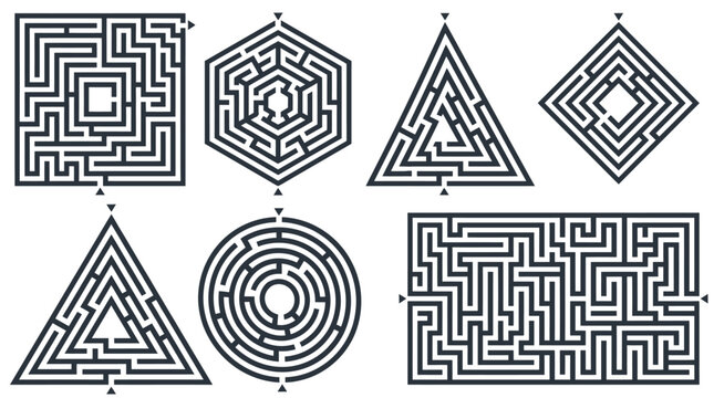 Collection of diverse geometric maze shapes featuring complex paths in black and white minimalist style