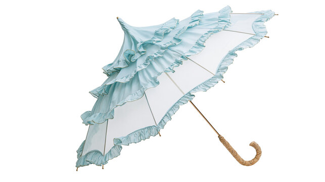 Light blue ruffled parasol with curved handle, isolated on transparent background