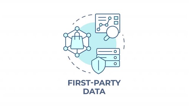 First party data blue concept icon animation. Information optimization models. Compliance driven system. Efficiency tracking. Cyan circular animated abstract idea. HD video with alpha channel