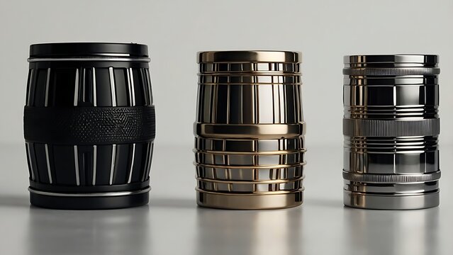 Three decorative metal barrel shaped containers with textured finishes arranged side by side in minimalist studio lighting