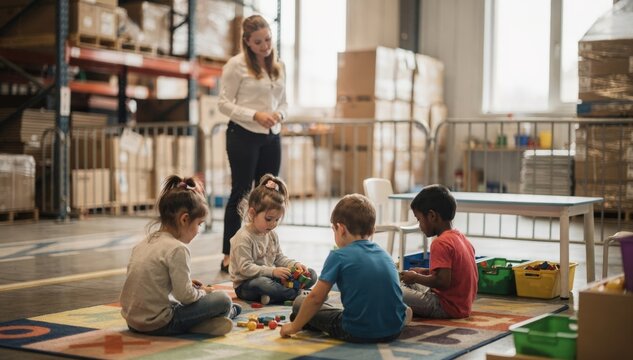 Medium shot of children playing quietly under the watchful eye of a staff member in an organized warehouse site daycare with blurred industrial elements in the background.