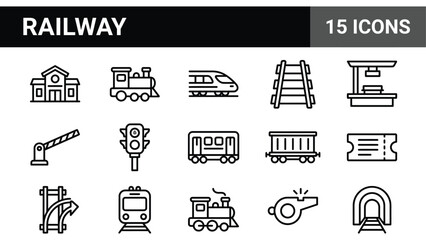 Railway Icons Set: Train Station, Locomotives, Tracks, Signals, and Tickets © @ahmedmaynul