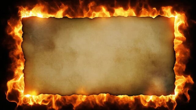 Parchment paper with burnt edges surrounded by intense orange flames in this dynamic motion video animation for your creative projects