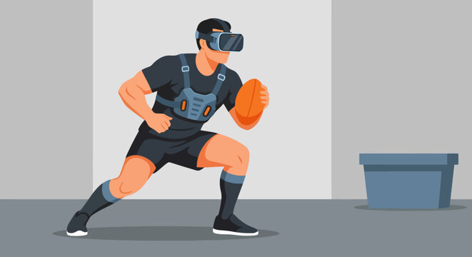Man in VR headset and haptic suit playing virtual reality rugby.