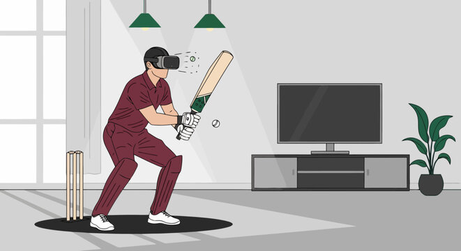 Man playing virtual reality cricket with VR headset and bat.