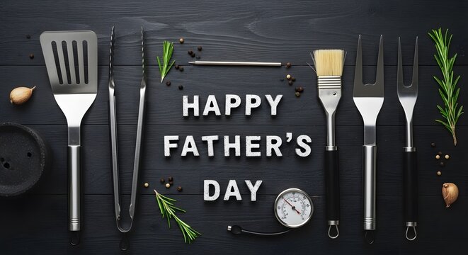 Happy Father Day text surrounded by barbecue tools on black wooden background.
