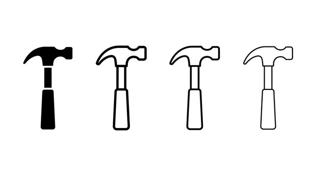 Minimal black and white silhouette and outline hammer set on white background