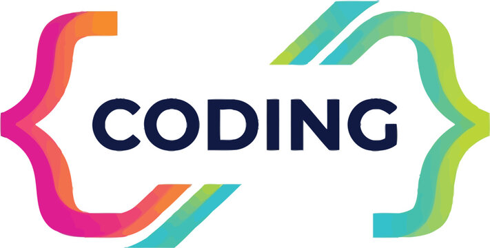 A vibrant colorful graphic design featuring the word coding centered between two stylized curly bracket symbols with smooth gradient transitions 