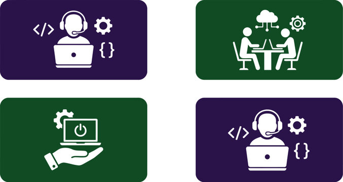 Four flat modern white vector icons showing software developers and technical support staff working on laptops with code symbols inside dark green and purple rectangles.