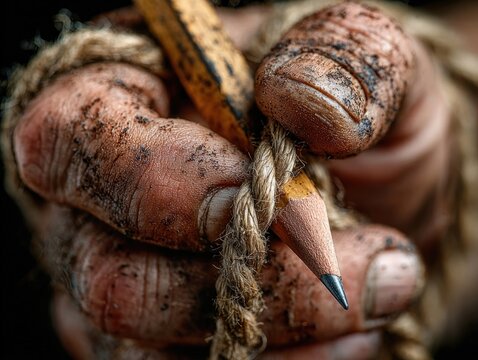 Pencil bound by rope in a hand, in stark low-key light--symbolizing freedom of expression under oppression
