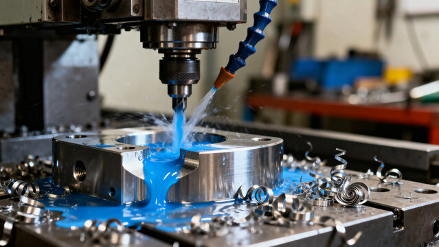 A close-up of a CNC machine cutting a metal part, blue coolant fluid spraying, intricate metal shavings, machine shop environment