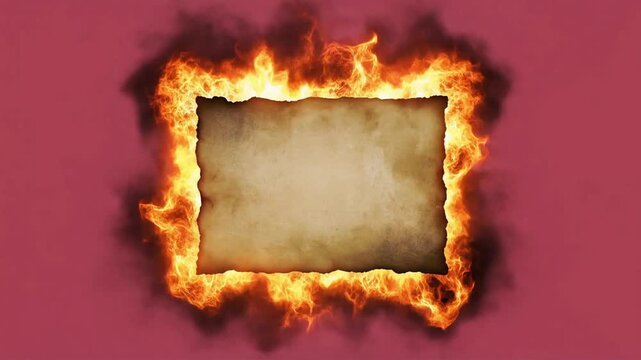 Ancient parchment paper burning with intense orange flames in a dynamic motion video clip for creative visual effects background design