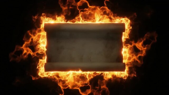 Old parchment scroll burning with bright intense flames in a cinematic motion video animation isolated on a black background