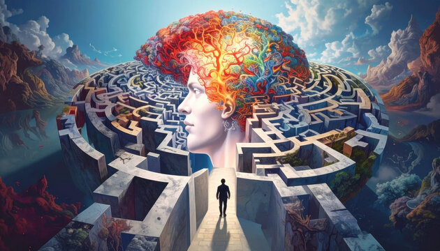 Human mind navigating a vast, colorful labyrinth of thought and consciousness