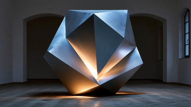 Geometrische Skulptur mit facettierten Fl&auml;chen steht beleuchtet im leeren Raum