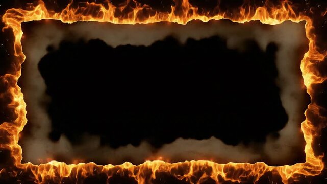 Intense fire border frame burning around a dark rectangular center in this high definition animated digital motion video effects clip
