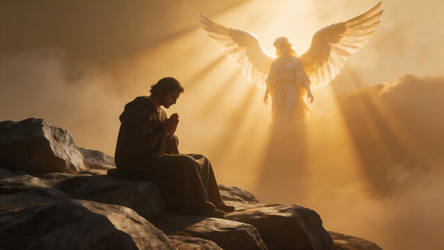 Man praying with angel in sky