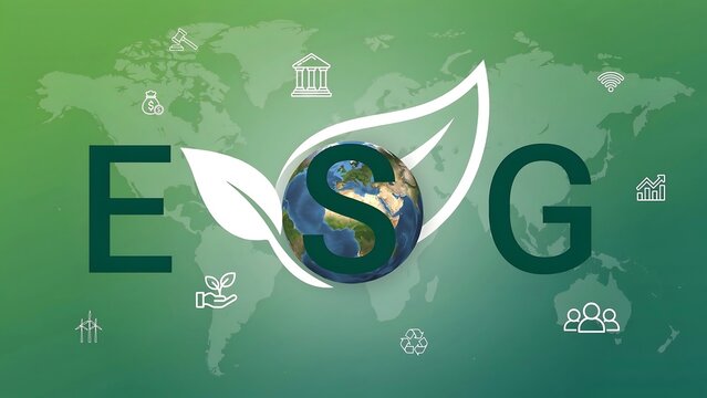 ESG concept with globe and leaf on green background with icons